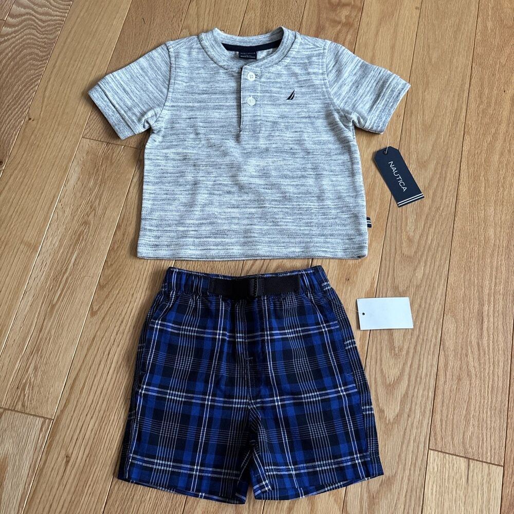 Nautica Infant Boys 2-Piece Blue/Black/White Plaid Shorts Heather Shirt‎ Sz 12M